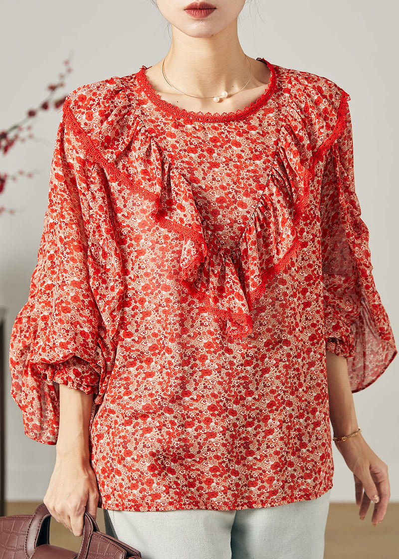 Red Ruffled Print Chiffon Blouse Top Butterfly Sleeve