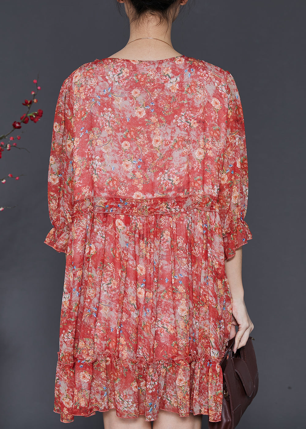 Red Ruffled Print Chiffon Mini Dress Summer