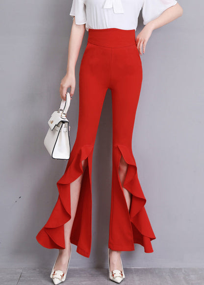 Red Ruffled Side Open Slim Bell Bottomed Trousers Summer