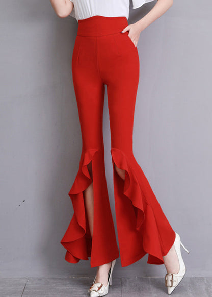 Red Ruffled Side Open Slim Bell Bottomed Trousers Summer