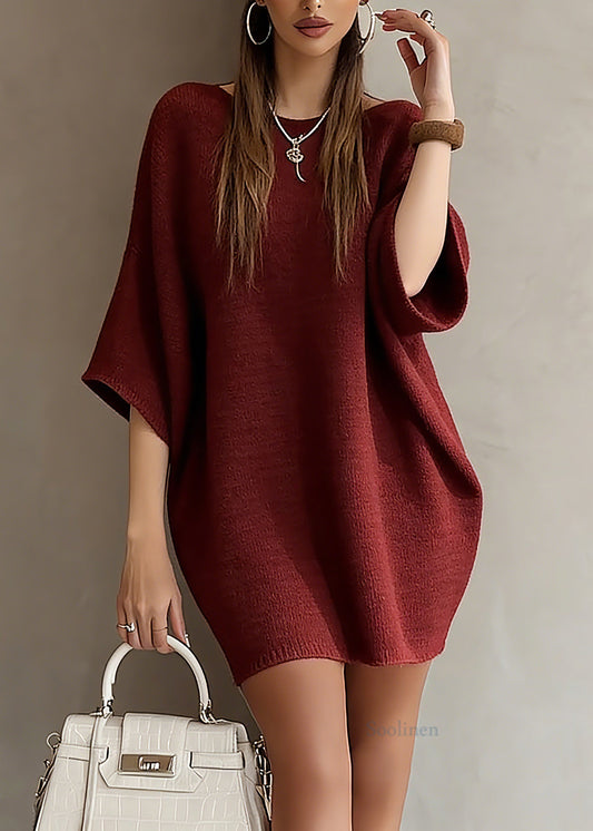 Red Slash Neck Knit Sweater Dress Batwing Sleeve