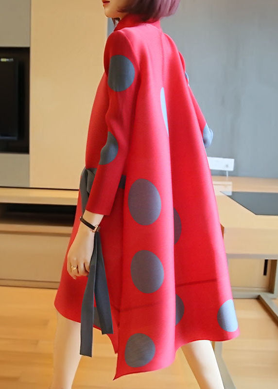 Red Stand Collar Dot Print Side Open Holiday Dresses Spring