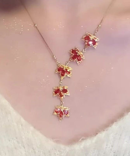 Red Sterling Silver Overgild Maple Leaf Pendant Necklace Ra031