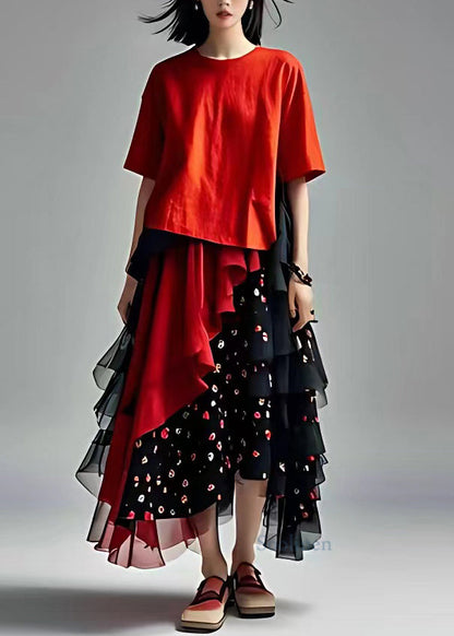 Red Tulle Patchwork Chiffontwo Piece Set