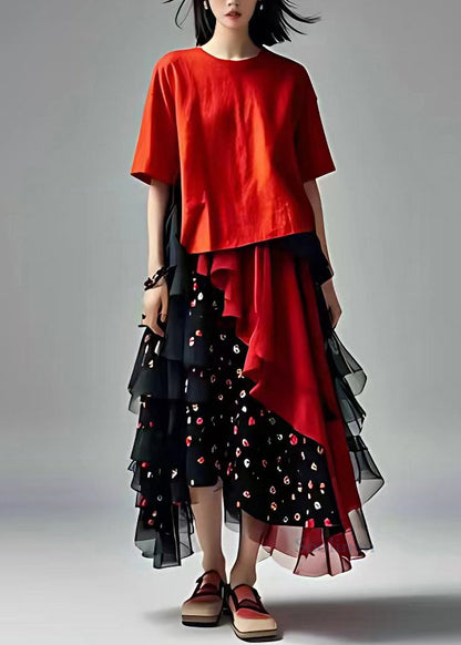 Red Tulle Patchwork Chiffontwo Piece Set