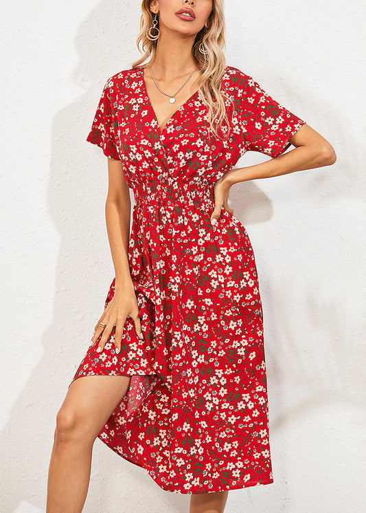 Red V Nec Print Long Dress Summer