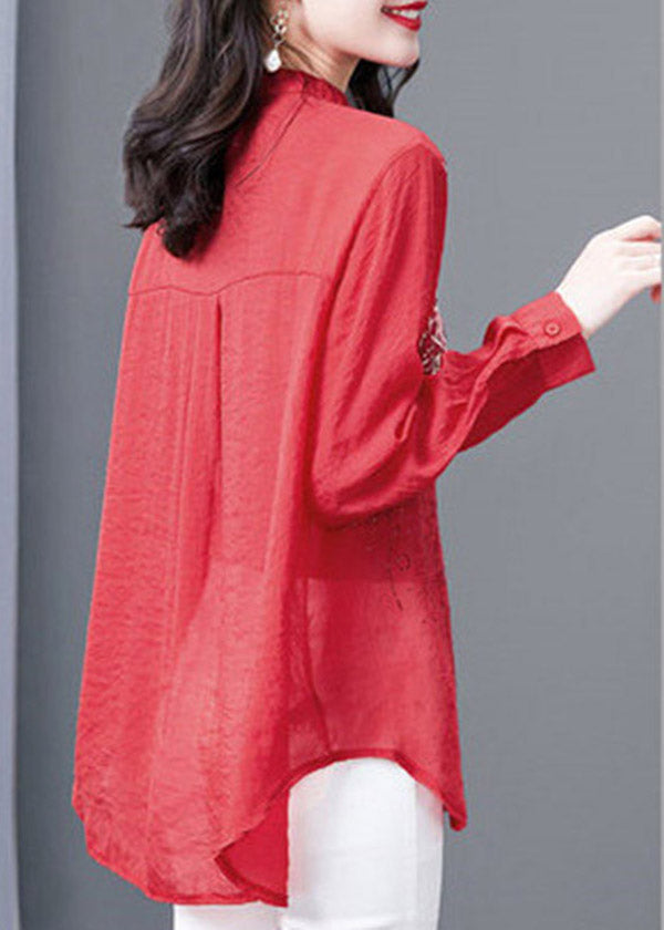 Red V Neck Print Button Diamonds Chiffon Tops Long Sleeve