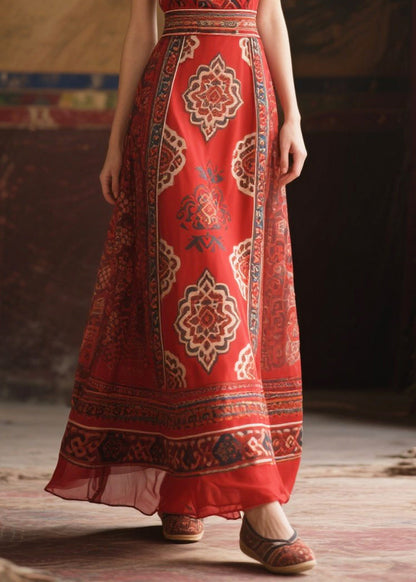 Red V Neck Print Chiffon Tunic Dress Sleeveless