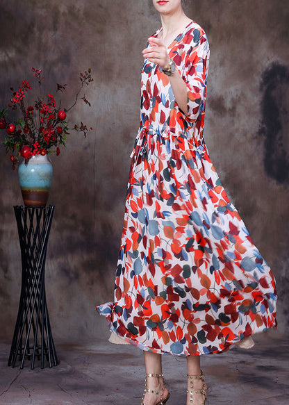 Red V Neck Print Tie Waist Chiffon Maxi Dresses Half Sleeve