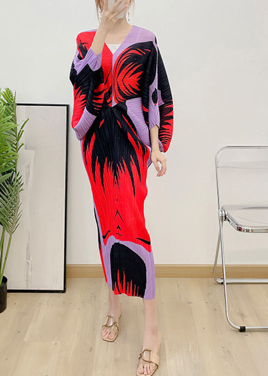 Red V Neck Print Wrinkled Vestidos Dress Long Sleeve