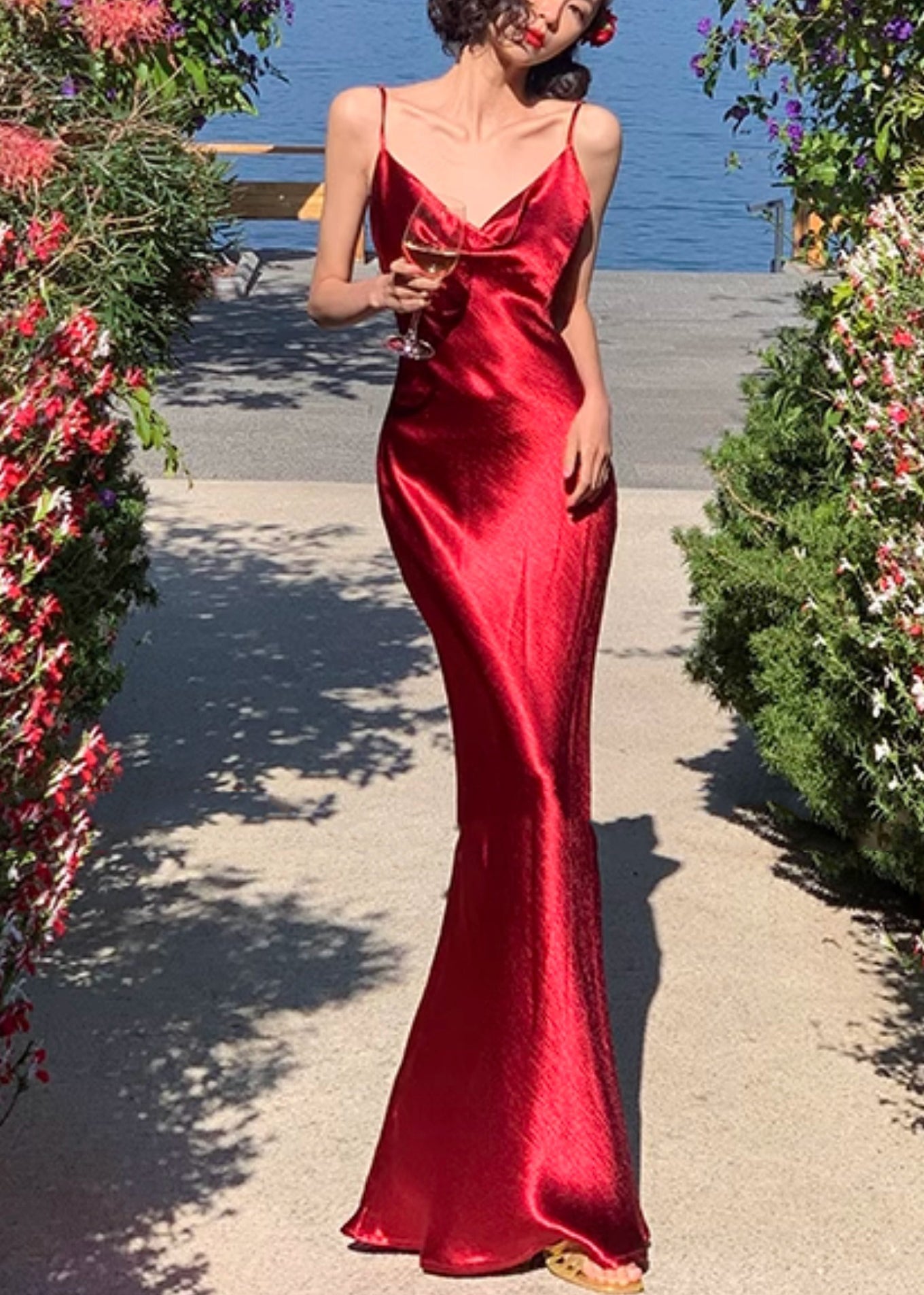 Red V Neck Silk Long Spaghetti Strap Dress Summer
