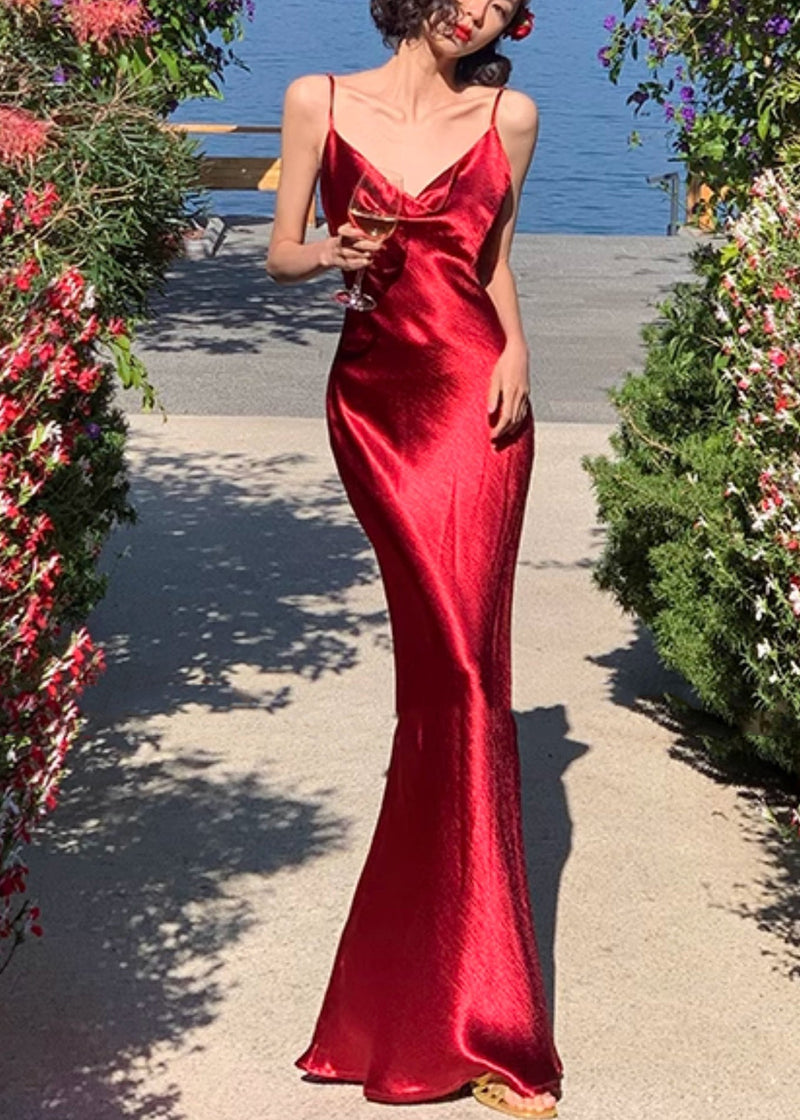 Red V Neck Silk Long Spaghetti Strap Dress Summer
