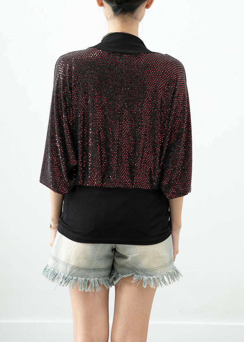 Red Zircon Patchwork Cotton Fake Two Piece Top Fall
