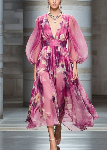 Rose Cinched Print Chiffon Robe Dresses Bracelet Sleeve
