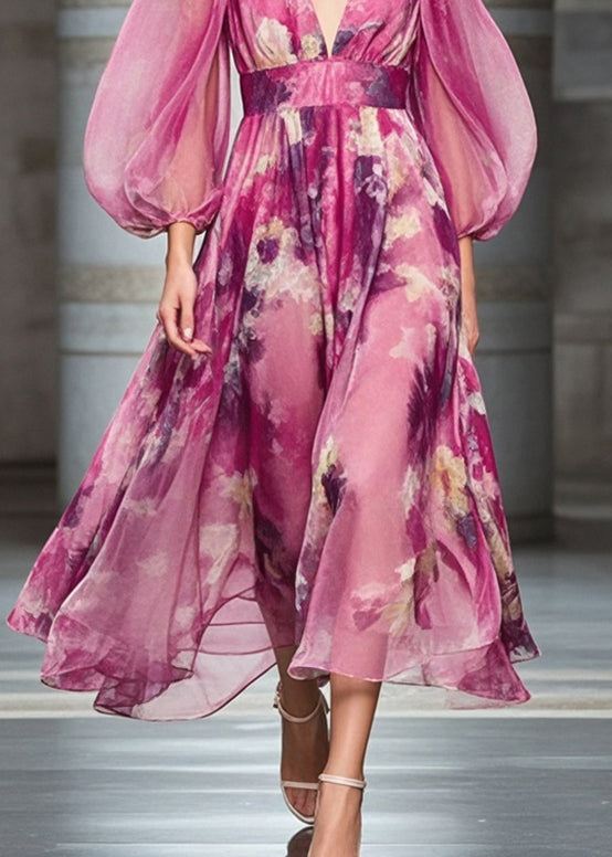 Rose Cinched Print Chiffon Robe Dresses Bracelet Sleeve