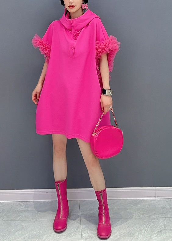 Rose Hooded Tulle Ruffled Patchwork Cotton Mini Dresses Summer