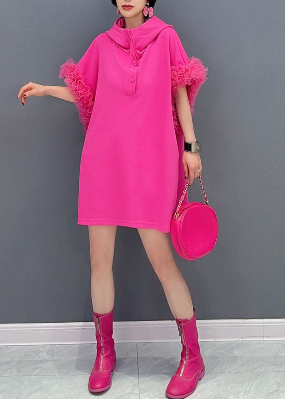 Rose Hooded Tulle Ruffled Patchwork Cotton Mini Dresses Summer