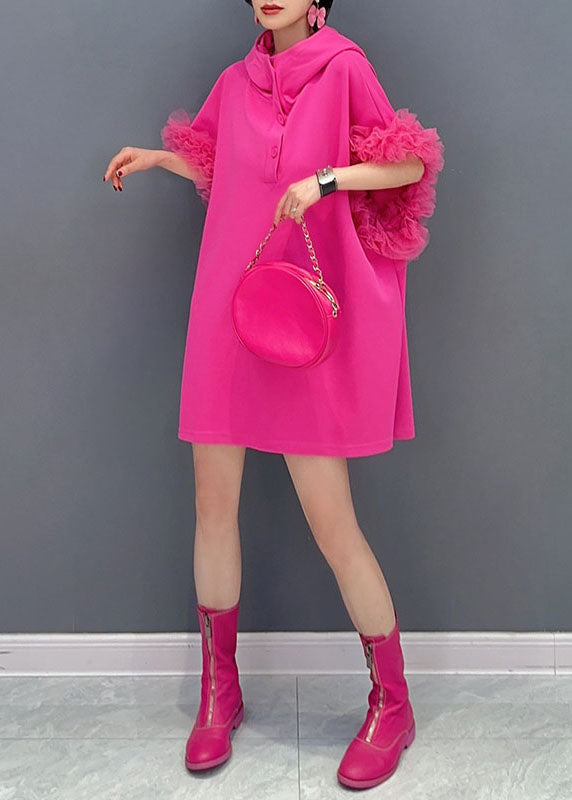 Rose Hooded Tulle Ruffled Patchwork Cotton Mini Dresses Summer