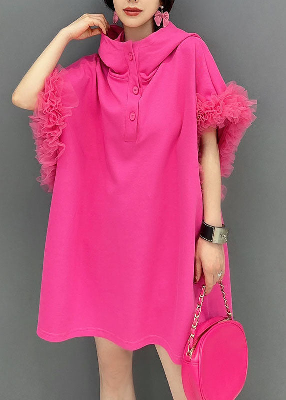 Rose Hooded Tulle Ruffled Patchwork Cotton Mini Dresses Summer