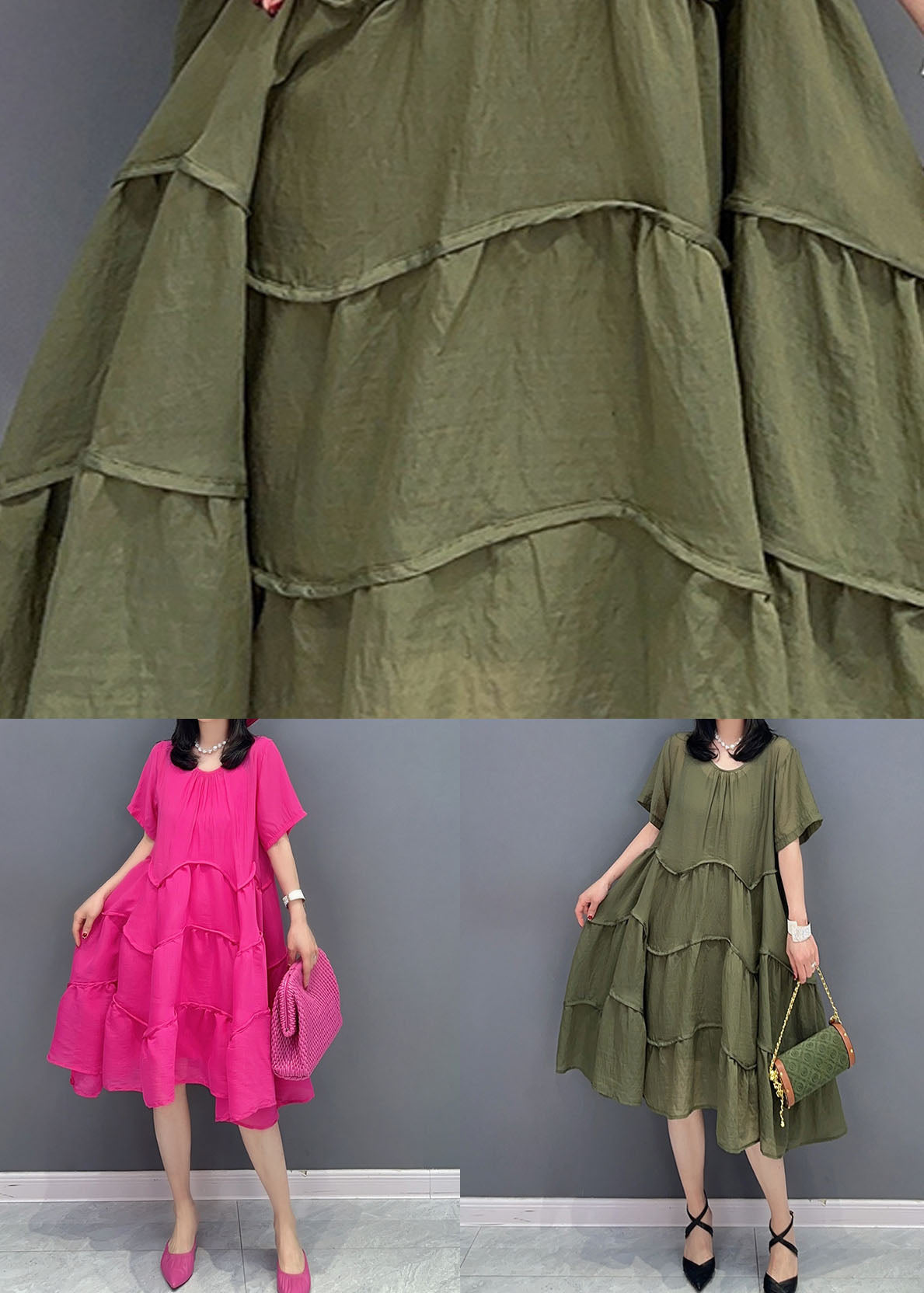Rose O-neck Wrinkled Patchwork Cotton Two Pieces Set Dresses Summer