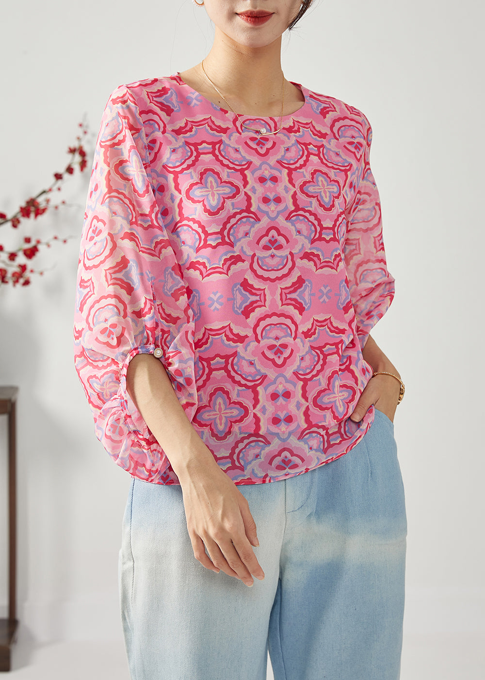 Rose Oversized Print Chiffon Shirt Top Bracelet Sleeve