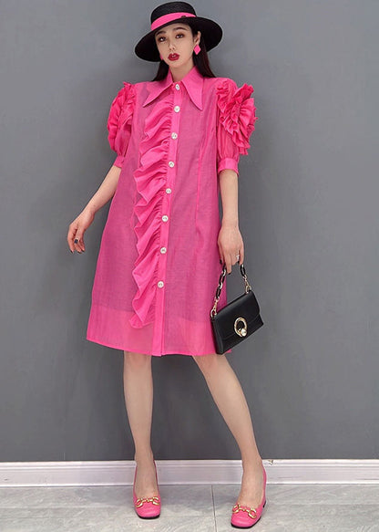 Rose Peter Pan Collar Patchwork Ruffles Silk Maxi Dresses Short Sleeve