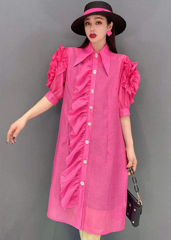 Rose Peter Pan Collar Patchwork Ruffles Silk Maxi Dresses Short Sleeve