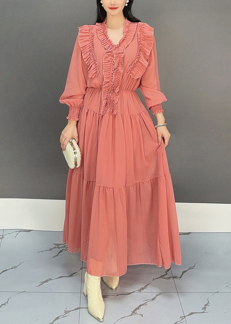 Rubber Red V Neck Ruffled Chiffon Dresses Fall