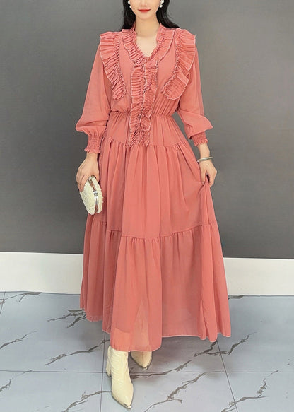 Rubber Red V Neck Ruffled Chiffon Dresses Fall