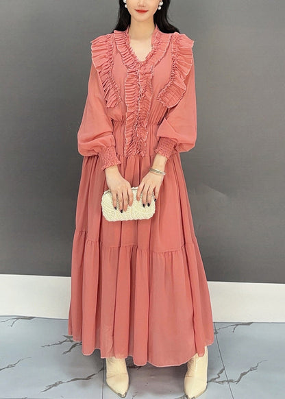 Rubber Red V Neck Ruffled Chiffon Dresses Fall