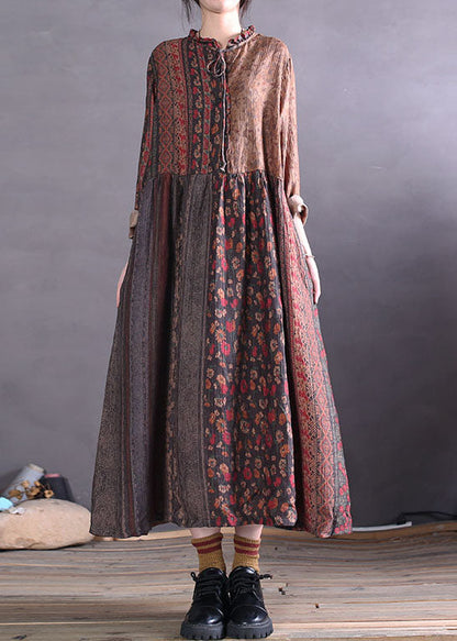 Ruffled Colorblock Print Cotton Maxi Dresses Spring