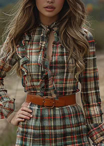 Ruffled Plaid Pastoral Style Long Sleeve Mini Dress