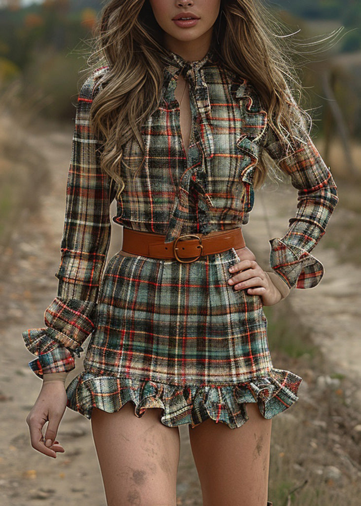 Ruffled Plaid Pastoral Style Long Sleeve Mini Dress