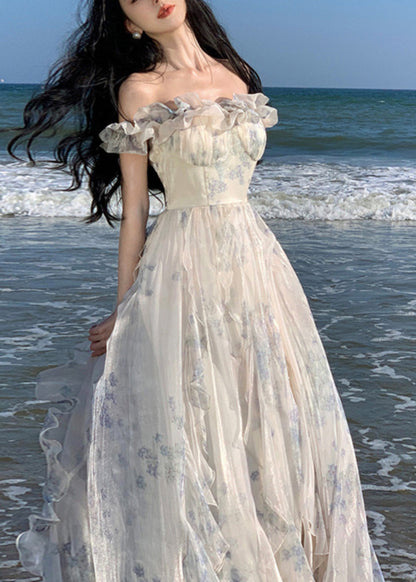 Ruffled Print Patchwork Chiffon Long Dresses Summer