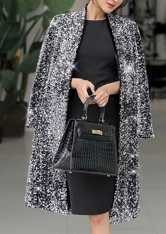 Silver V Neck Slim Fit Sequins Trench Spring