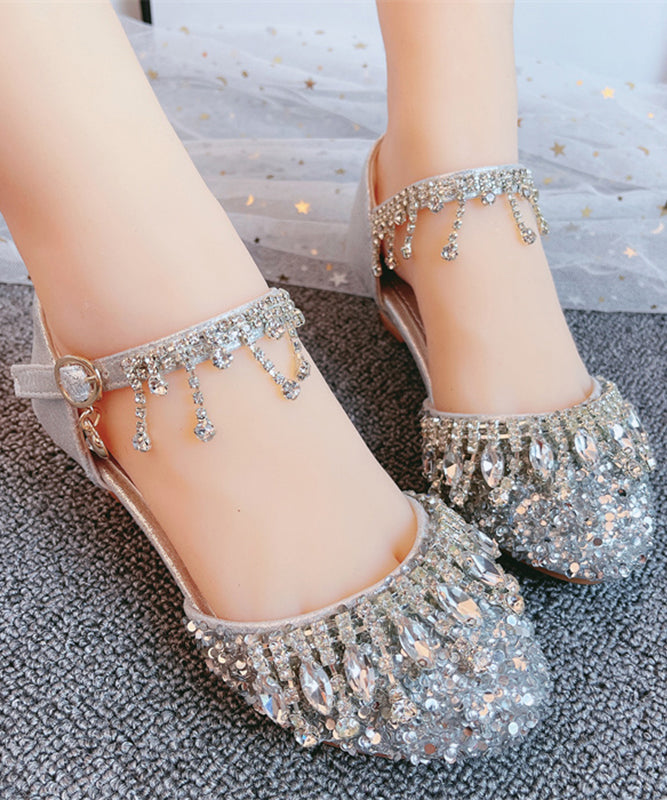 Silvery Crystal Tassel Buckle Strap Flats Shoes