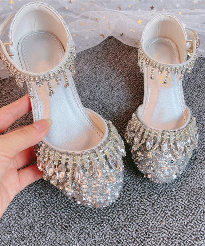 Silvery Crystal Tassel Buckle Strap Flats Shoes
