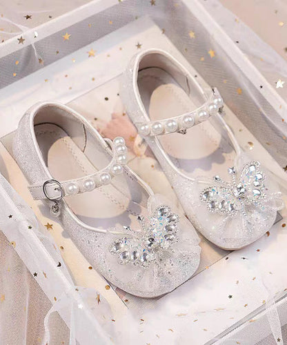 Silvery Pearl Zircon Faux Leather Buckle Strap Kids Flat Shoes