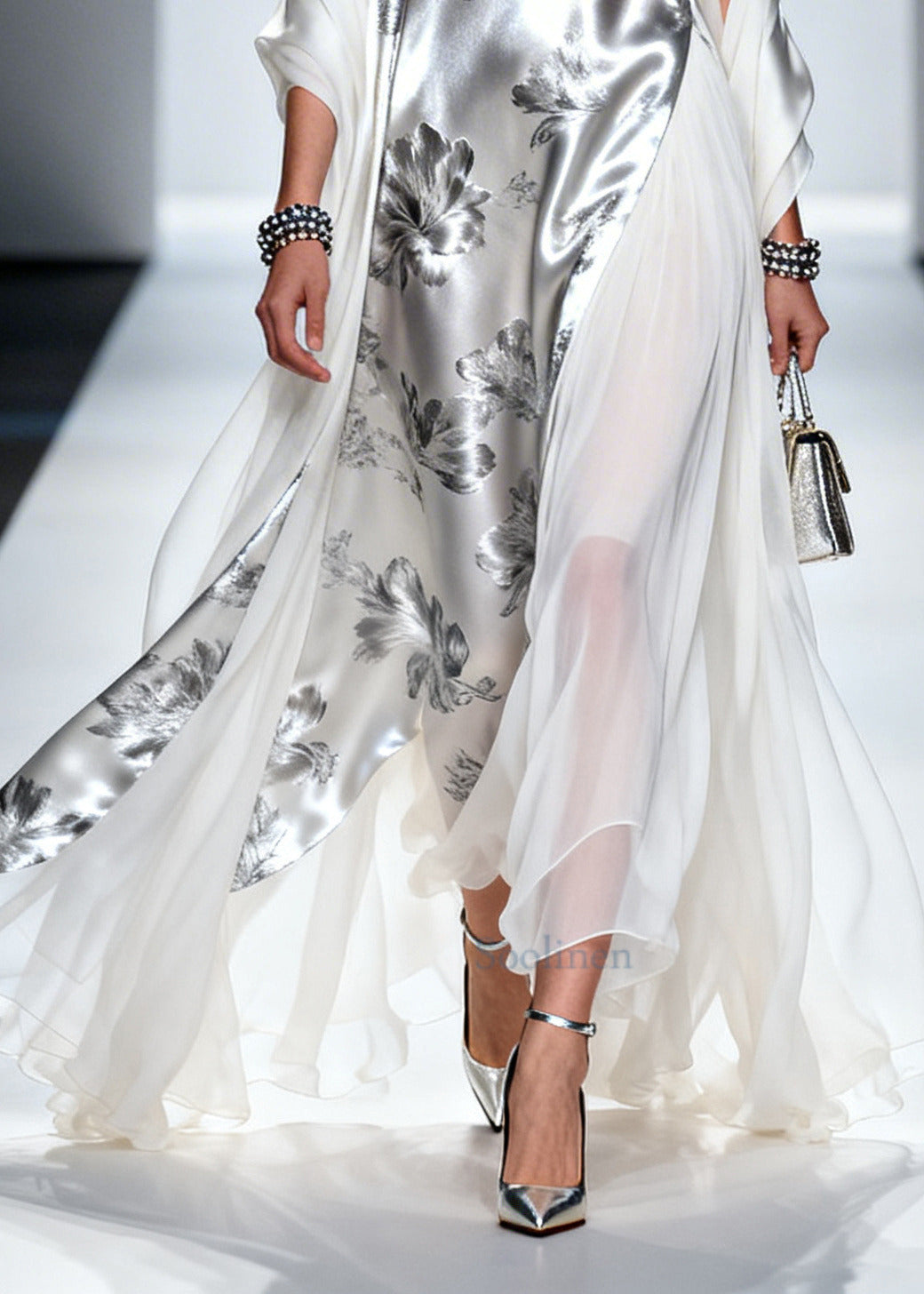Silvery Print Patchwork Draping Silk Long Dress Summer