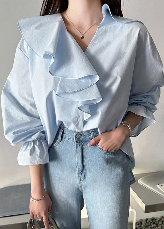 Sky Blue Asymmetrical Ruffles Cotton Shirt Fall