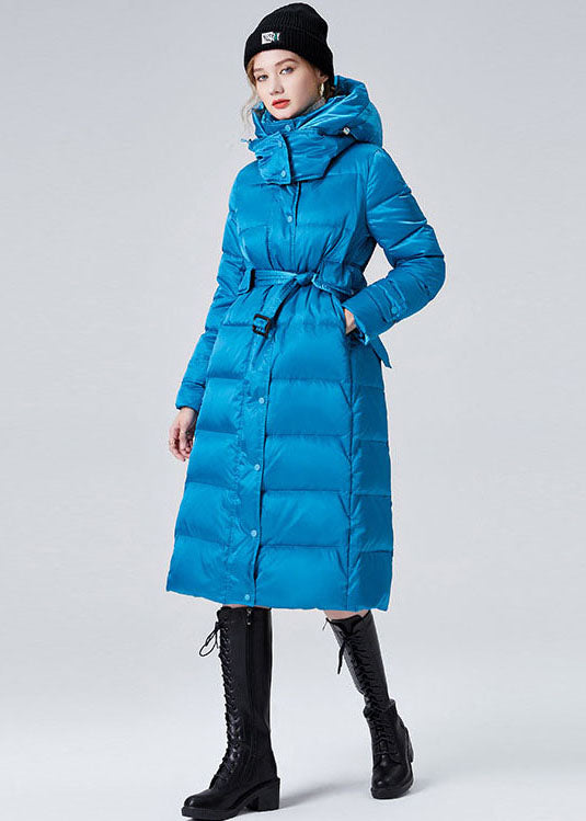 Sky Blue Hooded Sashes Lengthen Duck Down Down Coat Winter