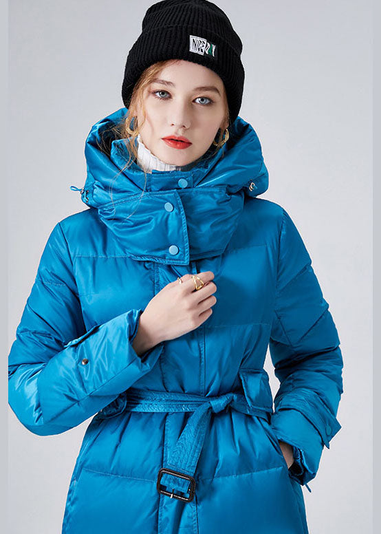 Sky Blue Hooded Sashes Lengthen Duck Down Down Coat Winter