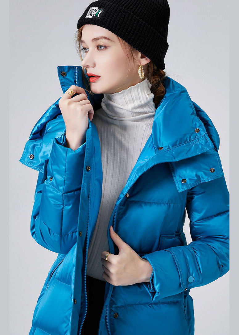 Sky Blue Hooded Sashes Lengthen Duck Down Down Coat Winter