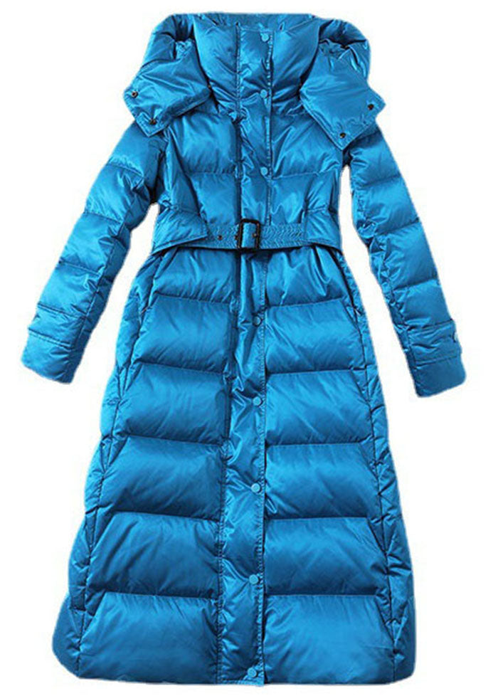 Sky Blue Hooded Sashes Lengthen Duck Down Down Coat Winter