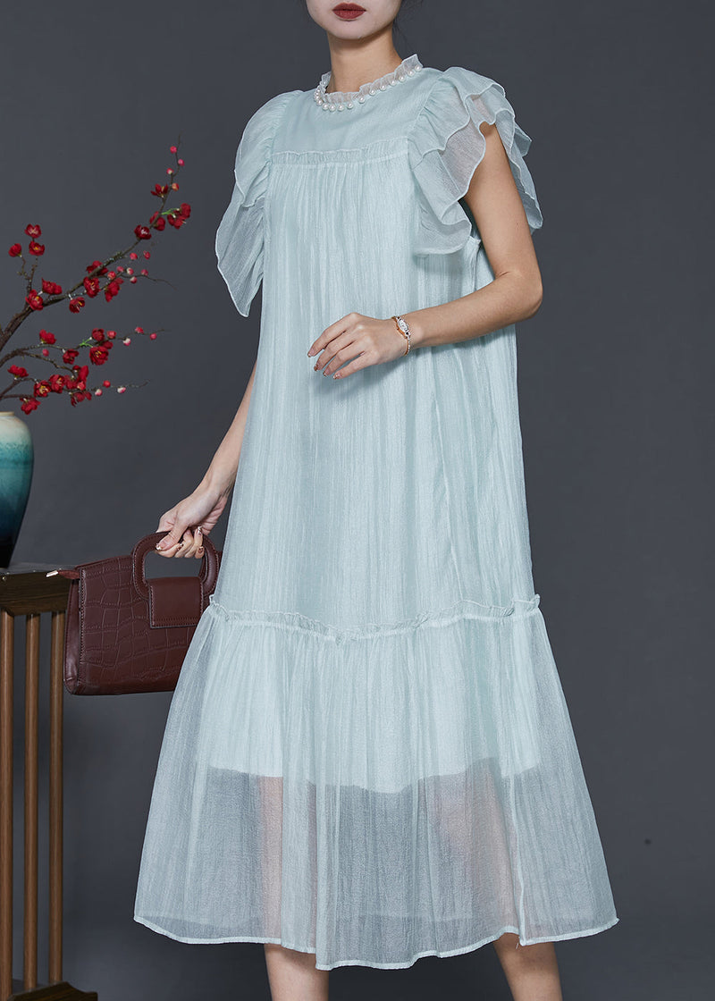 Sky Blue Ruffled Silk Maxi Dresses Summer