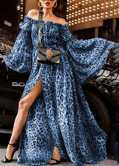 Slash Neck Backless Ruffled Leopard Print Side Open Long Dresses Flare Sleeve