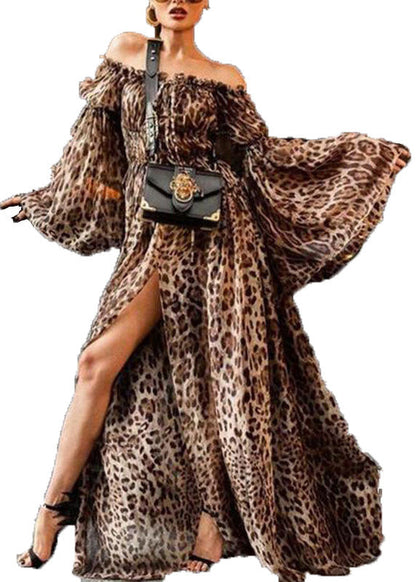Slash Neck Backless Ruffled Leopard Print Side Open Long Dresses Flare Sleeve