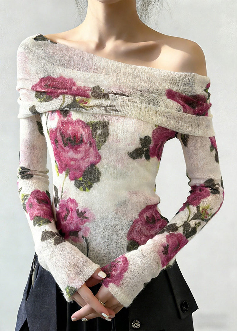 Slash Neck Print Knitting Cotton T Shirt Spring