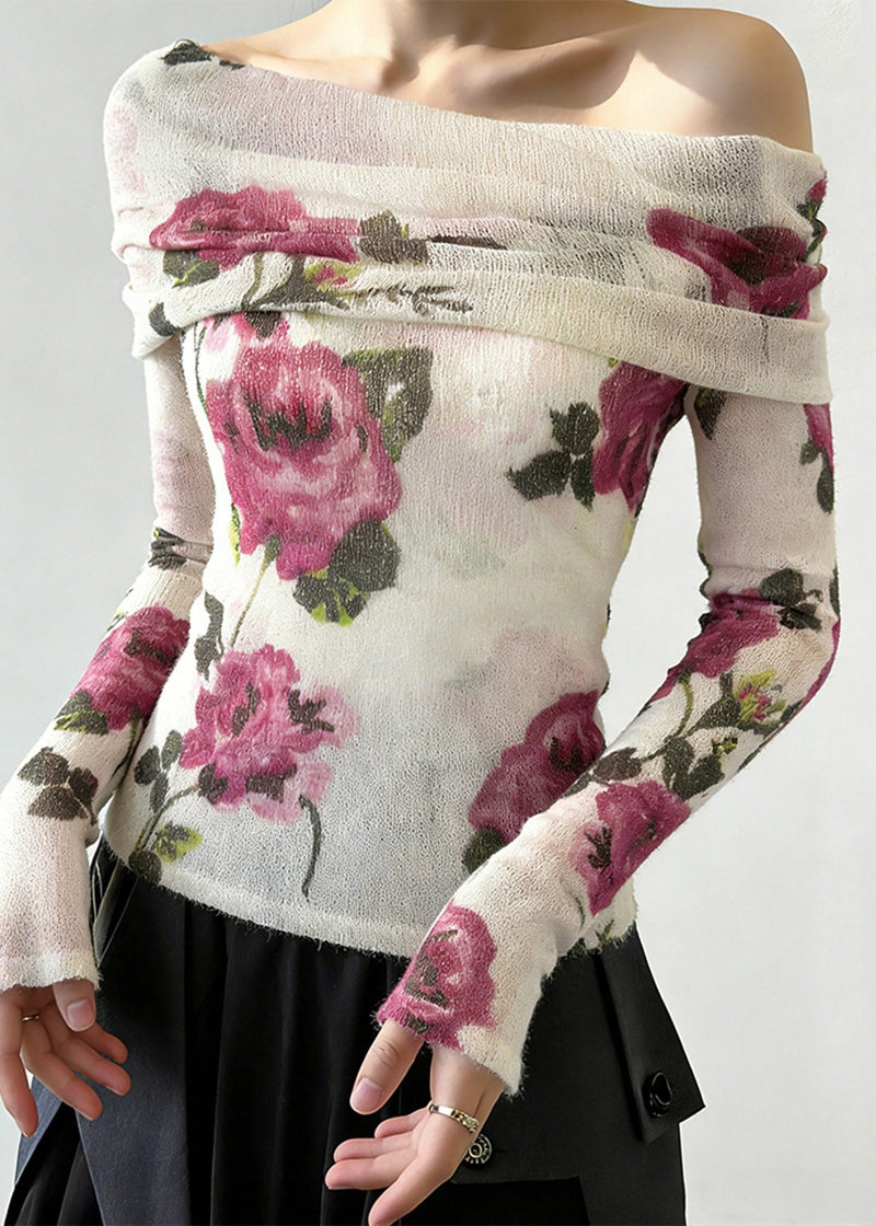 Slash Neck Print Knitting Cotton T Shirt Spring