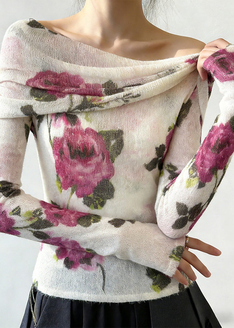 Slash Neck Print Knitting Cotton T Shirt Spring